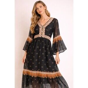 Sundance La Bohemia Boho Embroidered Maxi Dress Size 4 Black Sheer Long Sleeve
